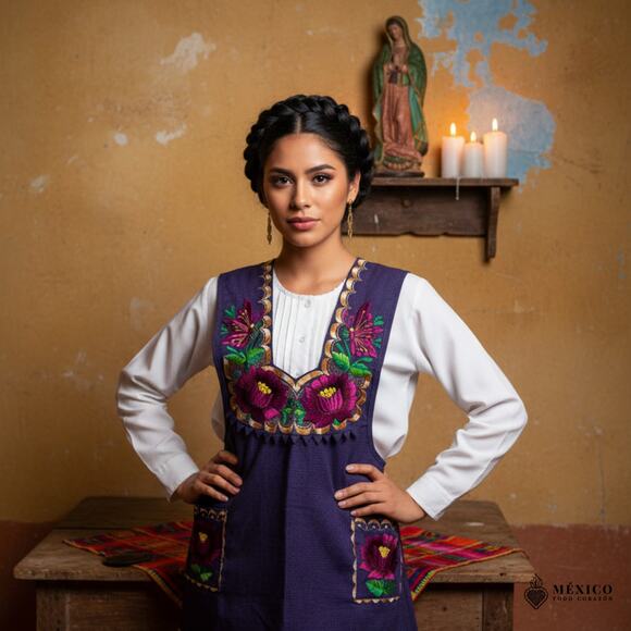 Purple Mexican Embroidered Apron – Standard Kitchen Apron Floral Embroidery - Picture 2 of 8